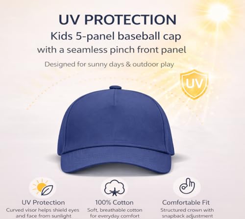 4sold Junior 100% Baumwolle 5 Panel Cap Unisex Jungen Mädchen Mütze Baseball Cap Hut Kinder Kappe Snapback Baseballcap Kappe Einfarbig Sonnenschutz Sonnenhut Basecap Einstellbar Baseballkappe Kinder
