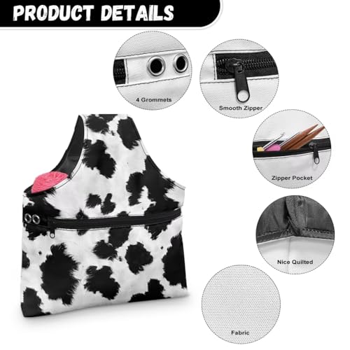 Image of KUIFORTI Cow Print Crochet Bag Large Yarn Storage Tote Bag Knitting Bag and Totes Organizer Yarn Holder for Crocheting on the Go