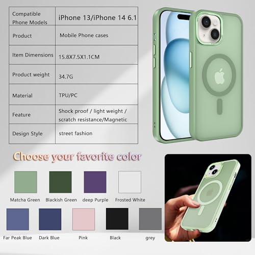 Image of Magnetic iPhone 14 /13 case,Compatible with Magsafe, Military-Grade Protection,Slim Translucent Matte Shockproof with Anti-Scratch Anti-Fingerprint Phone Cover (Matcha Green, iPhone 14 /13)