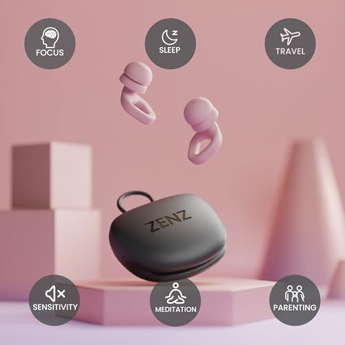 Image of Zenz Unwind Pro Ear Plugs for Sleeping, Soft Silicone Reusable Earplugs for Snoring, Yoga, Reading, Focus & Travel, 35dB Noise Reduction, 4 Sizes XS /S /M /L, Secure Fit with Case (Mystic Pink, One Size)