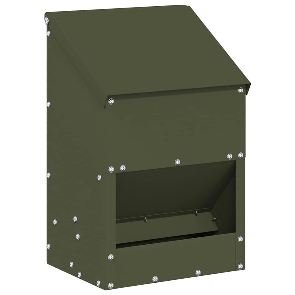 Comedero gallinas metal 3 kg, verde oliva 21 x 16 x 33 cm, resistente e impermeable para interior exterior, fácil montaje con destornillador