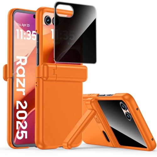 Spugan for Motorola Razr 2025/2024 Case,[Built-in Screen Protector] [Hinge Protection] Slim Matte PC Rugged Durable Shockproof Cover for Razr 2025/2024 with Stand, Orange-Privacy