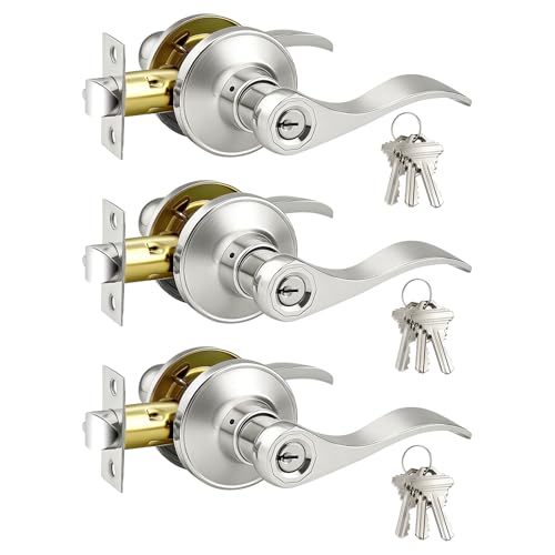 Image of Gobrico 3 Pack Keyed Alike Satin Nickel Wave Door Lever Handles, Keyed Entry Knobs with Lock for Exterior Entrance Door