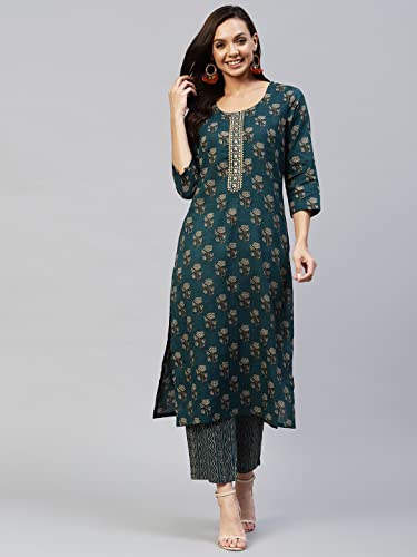 Image of GoSriKi Women's Cotton Blend Printed Straight Kurta With Pant