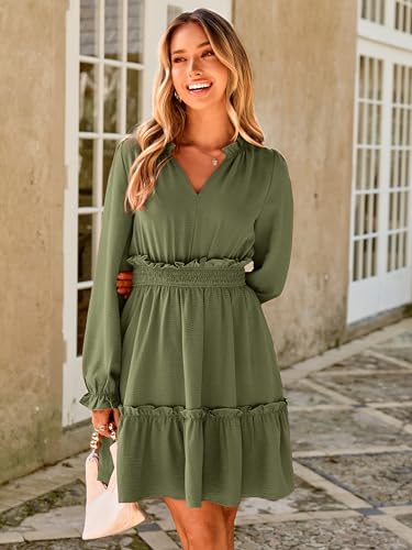 BerryGo Womens Long Sleeve Mini Dress Casual Spring Ruffle Hem Flowy High Waist A Line Short Party Dresses Army Green S — view 6