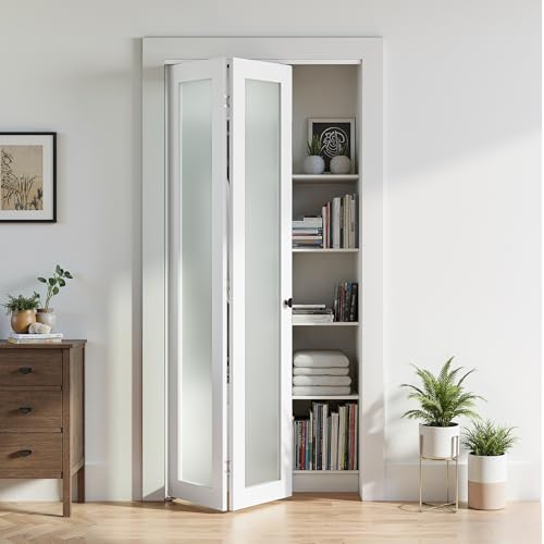 Image of Bifold Doors for 36 inch x 80 inch Opening, 1-lite Tempered Frosted Glass Closet Folding Doors with Hardware kit Included, Water-Proof PVC Surface, Easy Install, White