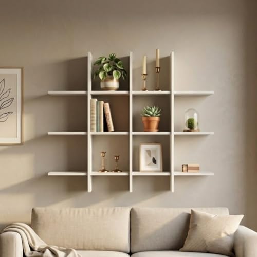 Image of Modern Wooden Wall Shelf for Living Room & Bedroom - Decorative Wall Mounted for Books, Showpieces & Home Decor - Multi-Compartment Floating Wall Organizer Full White