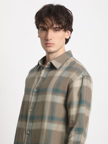 Image of THE BEAR HOUSE Men's Brown Checked Relaxed Fit Cotton Casual Shirt