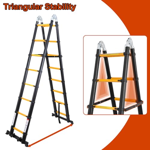 Herrselsam Teleskopleiter A-Rahmen, 3.8m(1.9m+1.9m) Klappleiter Alu Multifunktionsleiter mit Stabilisator Bar und Rädern, Rutschfester, Max Belastung 150 KG, Schwarz Gelb – Bild 6