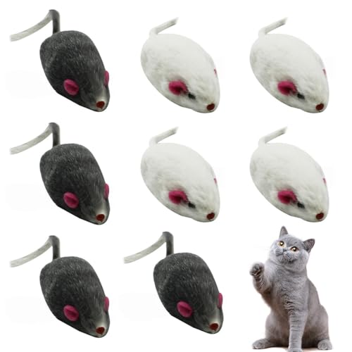 KEWUF 8pcs Jouets pour Chat, Souris Chat Jouet, Jouets Souris en Peau de Lapin, Divertissement, 4.8 * 2.5cm, Gris, Blanc, Livraison de Couleurs aléatoires.