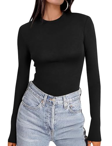 Ekouaer Women's Long Sleeve Shirts Tight Fitted Tops Crewneck Underscrubs Tee Lightweight Basic Thermal Undershirts