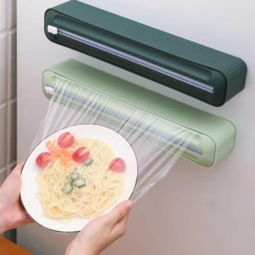 Image of Wall-Mounted Plastic Wrap Dispenser with Cutter | Magnetic Refrigerator Mount, Kitchen Food Wrap Holder & Cling Film Organizer