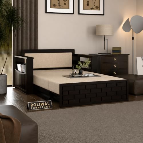 Image of Solid Sheesham Wood Sofa Cums Bed with Mattress & Storage | Rosewood Convertible Sofa Bed for Living Room & Bedroom (E-Walnut, 2 Seater)