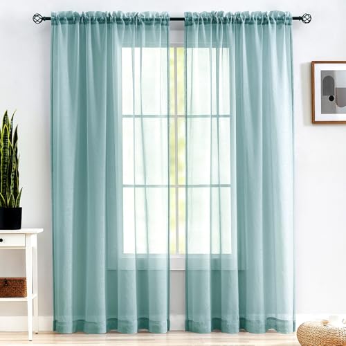 Image of MYSTIC-HOME Sheer Curtains 84 Inches Long, Rod Pocket Sheer Drapes for Living Room, Bedroom, 2 Panels, 52 inchx84 inch, Semi Crinkle Voile Window Treatments for Yard, Patio, Villa, Parlor, Grey Teal