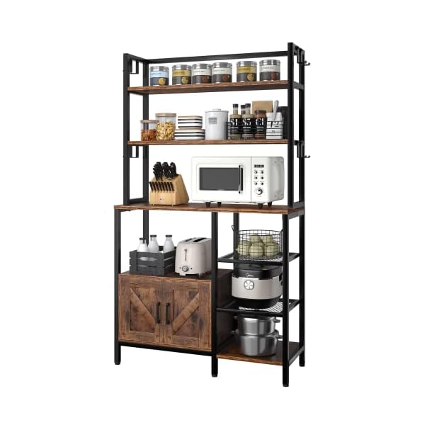 EnHomee 6-Tier Kitchen Bakers Rack with Hutch, Industrial Microwave Oven Stand with Shelves, Utility Storage Shelf with Cabinet & 8 Hooks, Hutch, Rustic Brown