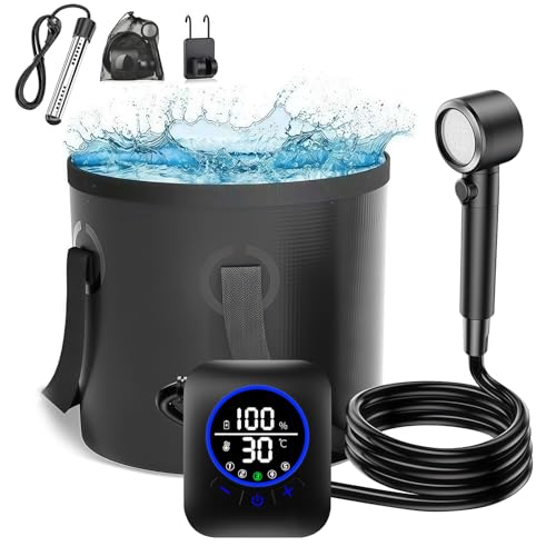 Campingdusche Set mit Heizfunktion, IPX8 Outdoor Dusche 8000mAh Akku-Wasserpumpe mit Smart Display, Duschkopf mit Filter, 2m Schlauch, faltbarer Wasserbehälter, mobile Dusche für Camping & Wohnmobil