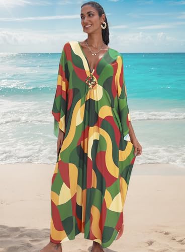 Image of Yanziliu Kaftan Dress for Women,Plus Size Hawaiian Batwing Sleeve Beach Cover Up Summer Swimsuit Dresses