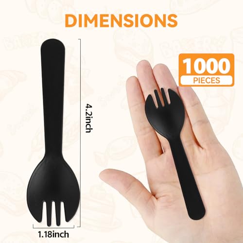 Image of 1000Pcs Mini Plastic Spork, 4.2 Inch Individually Wrapped Disposable Utensils, Small Black Fork Spoon Combo for Restaurant, Catering Events, Cakes, To-Go & Party Use