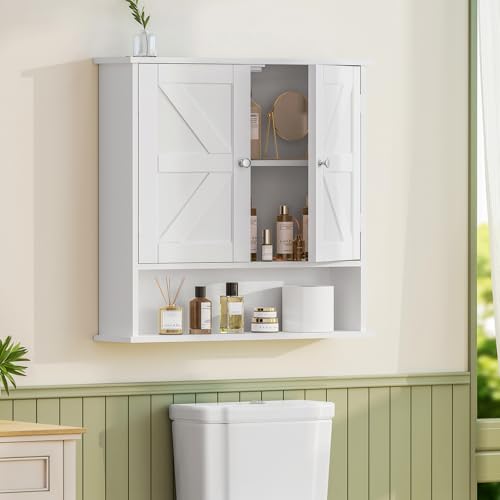 Image of TEENFON Bathroom Wall Cabinet, Bathroom Cabinet with Barn Doors & Adjustable Shelf, Over The Toilet Storage Cabinet, Medicine Cabinet, White UNGGX001WV1