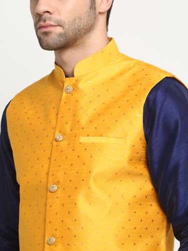 Image of KRAFT INDIA Polka Dot Silk Nehru Jacket Only in Yellow Color S, Ethnic Traditional Wear