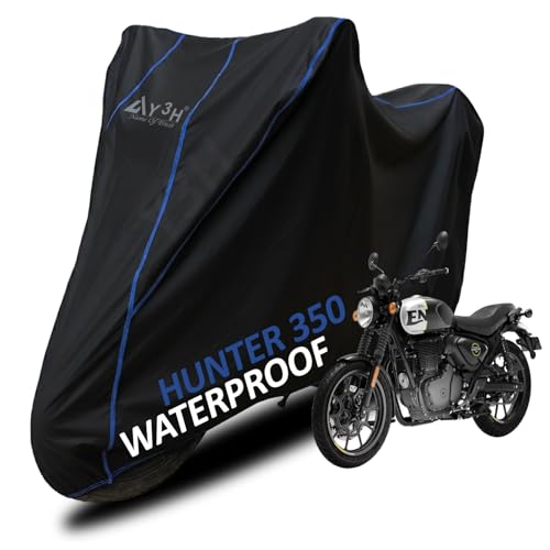 Image of Bike Cover Hunter 350 Full Body Cover with Waterproof, Dust Proof, UV Rays Protective, Tripple Stitching & Lightweight Two Wheeler Covers - Black with Waterproof Blue Piping
