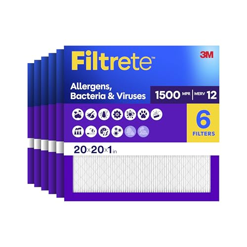 Image of Filtrete 20x20x1 Air Filter, MERV 12, MPR 1500, Allergens, Bacteria & Viruses, 3-Month AC and Furnace Filters, Cleaner Air, Reliable Airflow, 6 HVAC Filters (Actual Size 19.62 x 19.62 x 0.78 in)