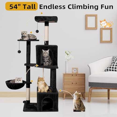 Image of 54inch Large Cat Tree Tower Condo with Hammock for Indoor Cats, Soft Plush Multi-Level Climbing Tree Cat House with Cat Cave, Scratching Post, Sisal Rope, Black