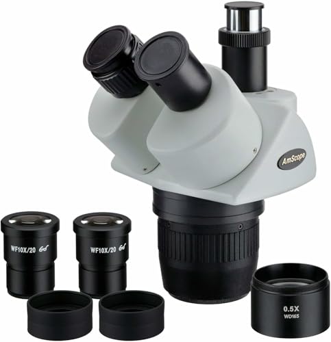 Image of AmScope SW24TX Trinocular Stereo Microscope Head, WH10x Eyepieces, 10X /20X /40X Magnification, 2X /4X Objective, Includes 0.5x Barlow Lens