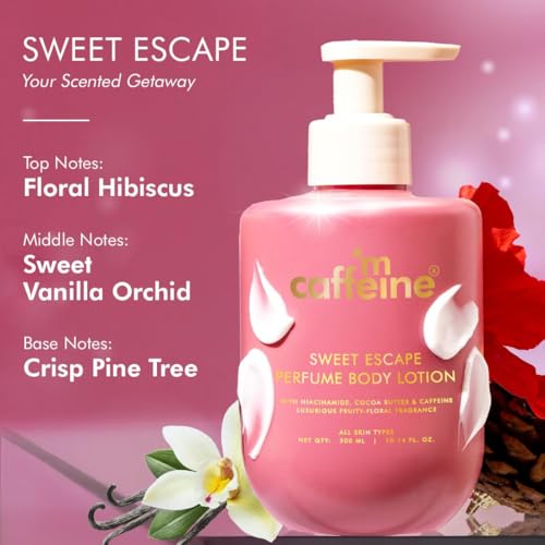 Image of mCaffeine By the Blues Brightening Perfume Body Lotion & Sweet Escape Perfume Body Lotion | Niacinamide, Cocoa & Shea Butter | Deeply Moisturizes, Evens Skin Tone | Long Lasting Fragrance - 300mlx2 |