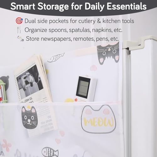 Image of HOKIPO Large Fridge Cover Top | For Bigger Double Door Refrigerator | Waterproof, Printed with 6 Side Pockets, Size Large 180x62 cm, Playful Cats (NEW-AR-5876-D6)