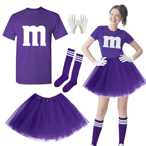 Karneval Kostüm Damen, M Aufdruck T-Shirt mit Tutu Handschuhe Streifensocken, Karneval Gruppenkostüm Erwachsene Karneval Kostüm, M und M Kostüm Damen Set für Karneval Fasching Verkleidung Cosplay