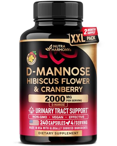 D-Mannose 2000mg with Cranberry & Hibiscus - Clinically Tested Strength for Urinary Tract Health - Supplement for Women - Bladder Liver & Microflora Support - Lab Tested - Vegan 240 Capsules