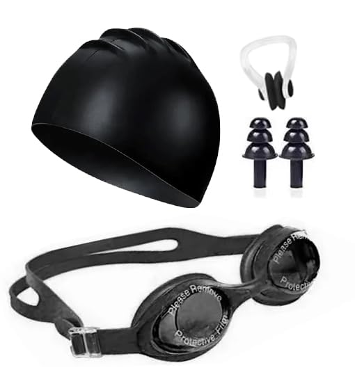 Morex Swimming Kit | Swimming Goggles & Swimming Cap with Ear Plug, Nose Clip | Stylish Pool Cap for Kids & Adults | UV Protection | Anti Fog | Free Size Swim Cap and Goggles (Black Combo)-image-29