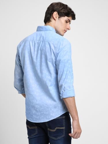 Image of Dennis Lingo Men's Cotton Blue Printed Slim Fit Button-Down Full Sleeves Casual Shirt