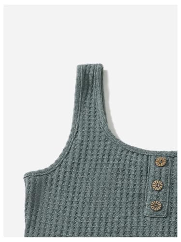 Image of RoseSeek Girl's 2 Piece Outfits Waffle Knit Scoop Neck Button Down Crop Tank Tops Paperbag Waist Track Shorts