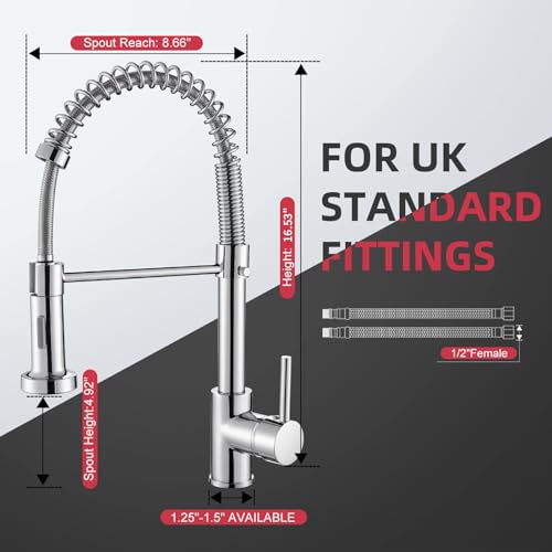 Image of Cobbe Kitchen Sink Mixer Tap, Spring Kitchen Faucet with Pull Down Sprayer, 2 Spray Modes High Arc Single Handle Lever Kitchen Tap (Chrome), KC05T021