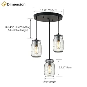 Kitchen island light adjustable pendant lightingglass mason jar hanging lamp 3 light  urban country home decor