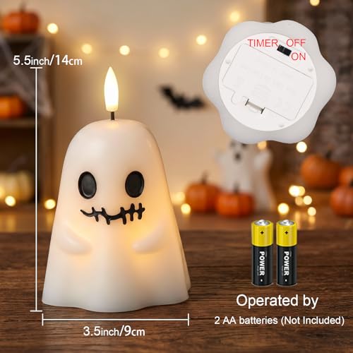 Image of GenSwin Ghost Halloween Flameless Candles Battery Operated LED with Timer | Real Wax, Halloween Decor, White, 2 Pack, 3.5 inch x 5.5 inch