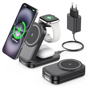 Ladestation kompatibel mit Apple Watch und iPhone,Super Tragbar Magsafe Ladegerät für iPhone 16 15 14 13 12 Serie, 3 IN 1 Mag-Safe Ladestation für Apple Watch AirPods Pro Serie (Schwarz)