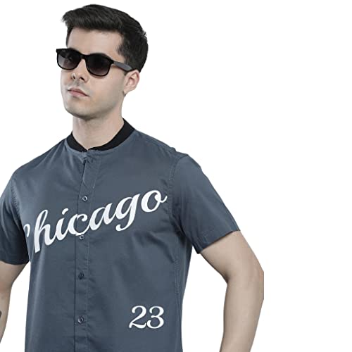 Image of The Indian Garage Co Men Cotton Regular Fit Placement Print Half Sleeves Baseball Collar Casual Shirt