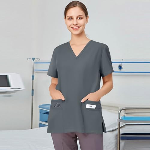 Image of FONMA Scrub Tops Women Plus Size Stretchy V-Neck Scrub Shirts with 4 Pockets Breathable Short Sleeve Nurse Uniforms