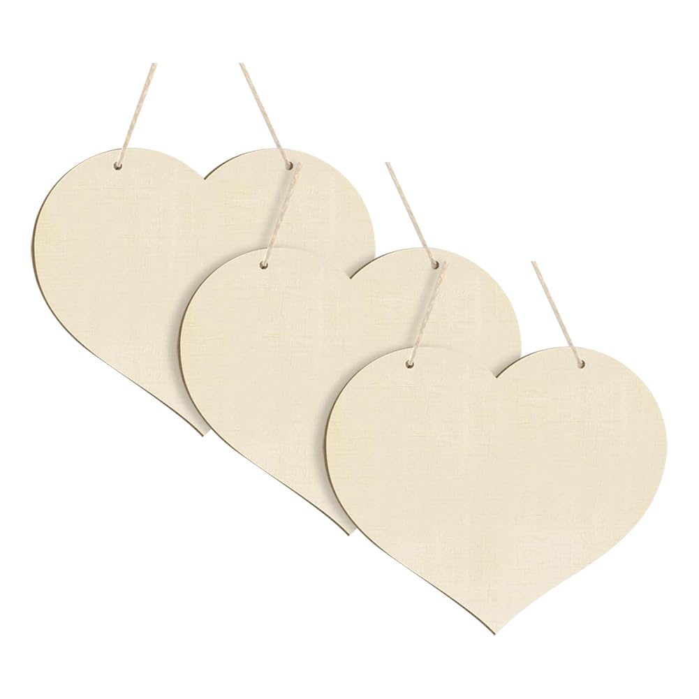 HugeDE 3 Pcs 30cm Heart Shaped Wooden Cutouts Wood Hanging Ornament to Paint Valentine's Day Wood Cutouts Large Blank Craft Wood Slices Unfinished Wood Embellishments with Natural Twines