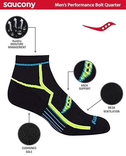 Image of Saucony Men's RunDry Bolt Performance Quarter Socks, Available in L-XL (6, 12 Pairs)