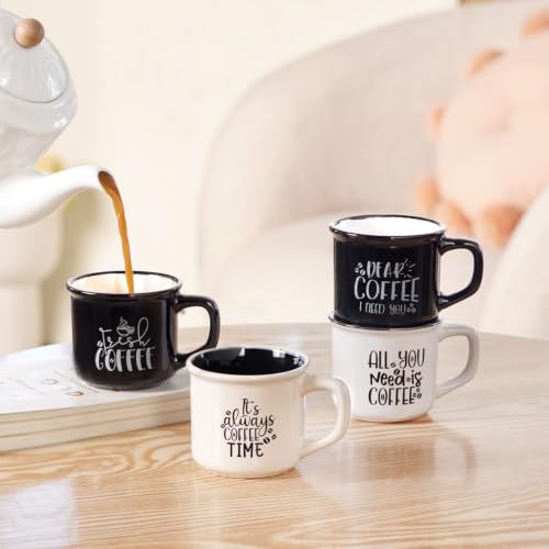Image of Nestasia Ceramic Stackable Cups Set of 4 (170ml Each) - Quirky Quotes Tea & Coffee Cups with Glossy Finish | Microwave & Dishwasher Safe Mugs - Ideal for Gifting (Black & White)