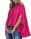 BTFBM Women Mock Neck Batwing Short Sleeve Summer Tops 2023 Spring Loose High Low Hem Casual Oversize Blouses Shirts Top(Solid Rose Red, Small)