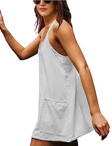 Image of Womens Athletic Sundress with Built-in Shorts Golf Tennis Romper | Sleeveless Mini Spaghetti Strap dress Functional side pockets tummy-friendly fit casual beach vacation