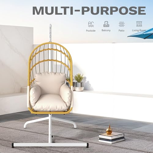 DWVO Wicker Swing Egg Chair 300lbs Capacity - Foldable Hanging Hammock with Cushions & Stand, Indoor/Outdoor Patio Swing Chair for Bedroom, Garden, Balcony (Beige)