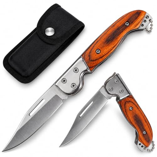 CAVECA Navaja Pequeña con Cuchillo Plegable de Acero Inoxidable y Mango de Madera, Liviana y Compacta Navaja Española de Bolsillo o Llavero para Camping, Supervivencia, Trabajo, Caza, Pesca, Montaña