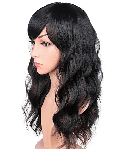 Symeiw Black Wavy Wigs With Brown Highlights For Black Women Synthetic Black Hair Wigs Medium Long Black Wigs Heat Resistant Wigs Daily Use Wigs 16 Inches.(Black With Brown Highlights) #TOP1