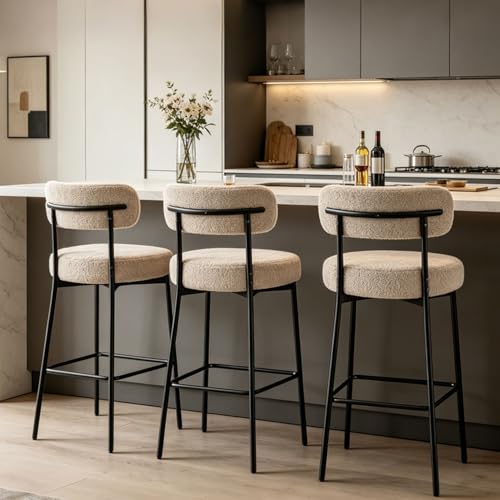 Image of Bar Stools, 30 inch Tall Bar Stools Set of 3, Boucle Upholstered Counter Height Bar Stools, Modern Bar Chairs Metal Frame with Back and Footrest for Kitchen Island, Barstools